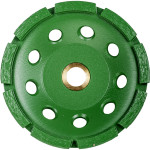 A green circular grinding wheel with a gold center, eight large holes evenly spaced around the middle, and segmented edges for cutting or grinding.