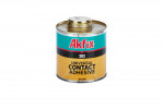 A metal can of Akfix 202 Universal Contact Adhesive with a gold screw cap, teal and gold label, and bold red and black text on a white background.