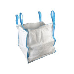 A large white woven polypropylene bulk bag with blue lifting handles at each corner, designed for carrying and storing heavy materials. The bag stands upright and appears empty.