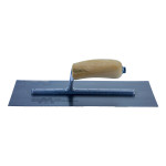 A plasterer's finishing trowel with a thin, flexible steel blade and a turned wooden handle, for achieving smooth plaster surfaces.