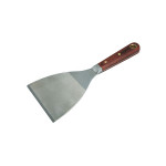 A 100mm flexible filling knife with a thin steel blade and a painted wooden or plastic handle, for applying and smoothing filler and caulk.