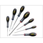 A set of 7 Stanley screwdrivers with colour-coded handles covering a range of flathead and Phillips sizes.,