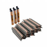 Three orange cans labeled IM350 stand upright next to multiple neatly stacked strips of collated nails, all set against a white background.
