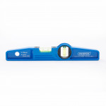 A blue spirit level tool with two bubble vials, placed horizontally on a white background. The level is marked with measurements and branded DRAPER on the right side.