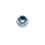 A single metal hex nut with a blue nylon insert, placed on a plain white background.