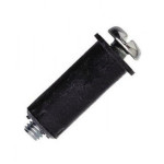 A black, cylindrical metal furniture connector bolt with a Phillips screw head on one end and a threaded hole on the other end.