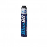 A tall canister labeled Blue 60 Fire Rated Frame Foam with a blue and white design, used for fireproof sealing or insulation. The canister has a nozzle on top.