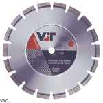 A circular diamond saw blade with evenly spaced segments around the edge, labeled for cutting abrasive materials like lightweight block and asphalt. Manufacturer’s details and specifications are visible on the center label.