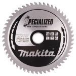A silver circular saw blade labeled SPECIALIZED for cordless saws and Makita with sharp teeth around the edge and technical specifications printed on its surface.,