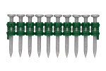 A row of ten metal nails connected by a green plastic strip, arranged horizontally and evenly spaced, with pointed ends facing downward.