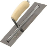 A plasterer's finishing trowel with a thin, flexible steel blade and a turned wooden handle, for achieving smooth plaster surfaces.