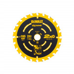 A circular DEWALT Extreme saw blade with a yellow and black design, 165 mm diameter, 24 teeth, and product details printed on the surface. The blade features safety and usage icons.