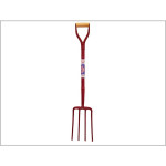 A Faithfull garden fork with four hardened steel tines and a wooden handle, for breaking up soil and lifting root vegetables.