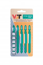A pack of five VIT brand saw blades in teal and silver, labeled for cutting hardwood, laminated panels, and other materials, displayed on an orange and white card with product codes and cutting information.