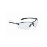 Clear safety glasses with a black frame and wraparound design, featuring adjustable arms and a minimalist, modern style.