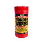 A red cylindrical container of Everbuild Multi-Use Wonder Wipes, labeled for cleaning hands, tools, and surfaces, and effective on silicone, paint, sealant, adhesive, oil, grease, and more.