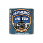A tin of Hammerite Direct to Rust Metal Paint in hammered black, featuring a blue textured label, a gate graphic, and text highlighting 8 years of protection and no need to prime or undercoat.
