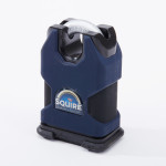 A heavy-duty blue and black Squire padlock with a thick, silver shackle is standing upright on a white background. The Squire logo is visible on the front.