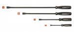 Four flathead screwdrivers of varying lengths and sizes are laid out horizontally with their corresponding orange caps placed separately beside each tool. The handles are labeled GEDORE red.,