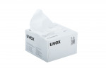 A white box of uvex tissues with a single tissue pulled out, against a plain white background. The box is labeled with the uvex logo and recycling information.