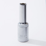 A silver 10mm deep socket tool stands upright on a plain white surface, showing its shiny metallic finish and cylindrical shape with a slightly wider base.