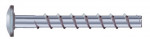 A close-up image of a single metallic screw with a flat, round head and a sharp, spiraling thread running along its shaft, positioned horizontally on a white background.