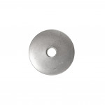 A round, flat metal washer with a smooth surface and a central hole, viewed from above against a white background.