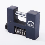 A black Squire combination padlock with four numbered dials, all set to 6, shown on a white background. The Squire logo and Handmade Since 1780 are printed on the lock.