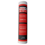 A tube of Fischer FiAM 310 Fire Stop intumescent acoustic mastic, with red and black labeling. The label highlights up to 4 hours fire rating and a volume of 310ml.
