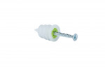 A white plastic wall anchor with a spiral design and a silver screw partially inserted, isolated on a white background.