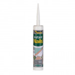 A tube of Everbuild Instant Nails adhesive in white, with a pointed nozzle for application. The packaging features green and yellow branding and an image showing its use in construction.