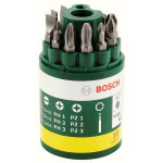 A green and yellow Bosch-branded cylindrical container holds ten assorted screwdriver bits arranged upright, with labels and icons indicating different bit types and sizes on the label.