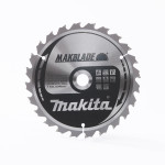 A circular Makita saw blade with sharp teeth, labeled MAKBLADE and Makita, featuring specifications and safety icons printed on its metallic surface.