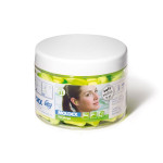A clear plastic jar with a white lid filled with green and yellow Moldex earplugs. The label features a photo of a woman wearing earplugs and product information in blue and purple text.,