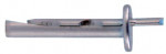 A close-up view of a metallic wall anchor with a round flange and a split, tapered end, designed for securing objects to walls.