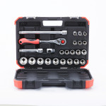 A black and red plastic tool case open to display a set of sockets, a ratchet wrench, extension bars, and accessories, all organized in designated slots.