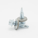 Two silver metal self-drilling screws with hex heads and attached washers are placed on a white background, with one screw resting on top of the other.