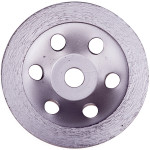 A close-up of a circular metal grinding wheel with five evenly spaced holes near the center and rough textured edges. The wheel is viewed from above against a white background.,
