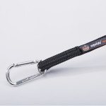A close-up of a black strap with a silver carabiner attached, featuring the squids brand label and an Ergodyne logo on a white background.