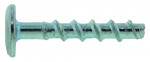 A close-up of a single silver metal screw with a flat round head and a spiraled thread along the shaft, displayed against a white background.