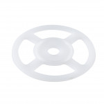 A white, round plastic disc with four evenly spaced cutout sections and a central circular hole, resembling a wheel or spacer, placed on a white background.