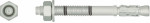 A metal wedge anchor bolt with a hex nut and washer, shown from the side and front, used for securing objects to concrete or masonry surfaces.