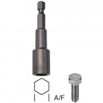 A hex socket driver bit with a hexagonal opening, shown above a matching hex bolt and a hexagon diagram labeled A/F to indicate across flat measurement.