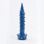 A close-up of a blue metal screw with a pointed tip, spiral threads, and a flat, wide head, standing upright on a white background.