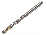 A close-up of a metal twist drill bit with a sharp, spiraled tip and a cylindrical shank, set against a plain white background.
