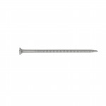 A single silver metal nail with a flat head and a grooved shank, positioned horizontally on a white background.