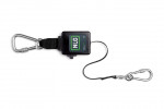 A black retractable tool lanyard with a square NLG-branded case, a carabiner clip on one end, and a metal clip with a looped cord on the other end, displayed on a white background.