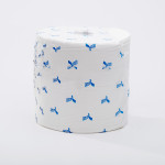 A large roll of toilet paper wrapped in clear plastic packaging with a blue and white logo design is displayed against a plain white background.,