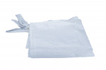 A folded white woven polypropylene sack with blue stitching, featuring side ties, placed on a plain white background.