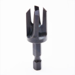 A close-up photo of a black, metal countersink tool bit with six fluted blades, designed for use with a drill, displayed against a white background.